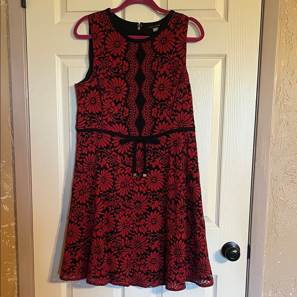 Tommy Hilfiger Red and Black Floral Fit-and-Flare Mini Dress